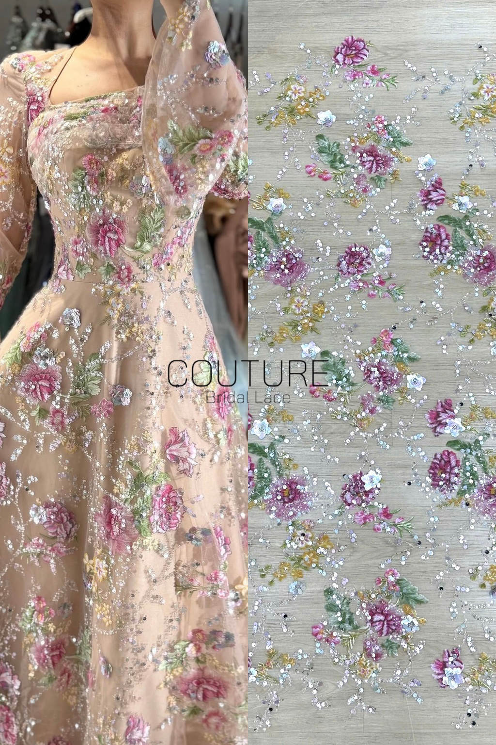 Color Lace: Beaded Pink Floral and Green Leaf, 1 Meter