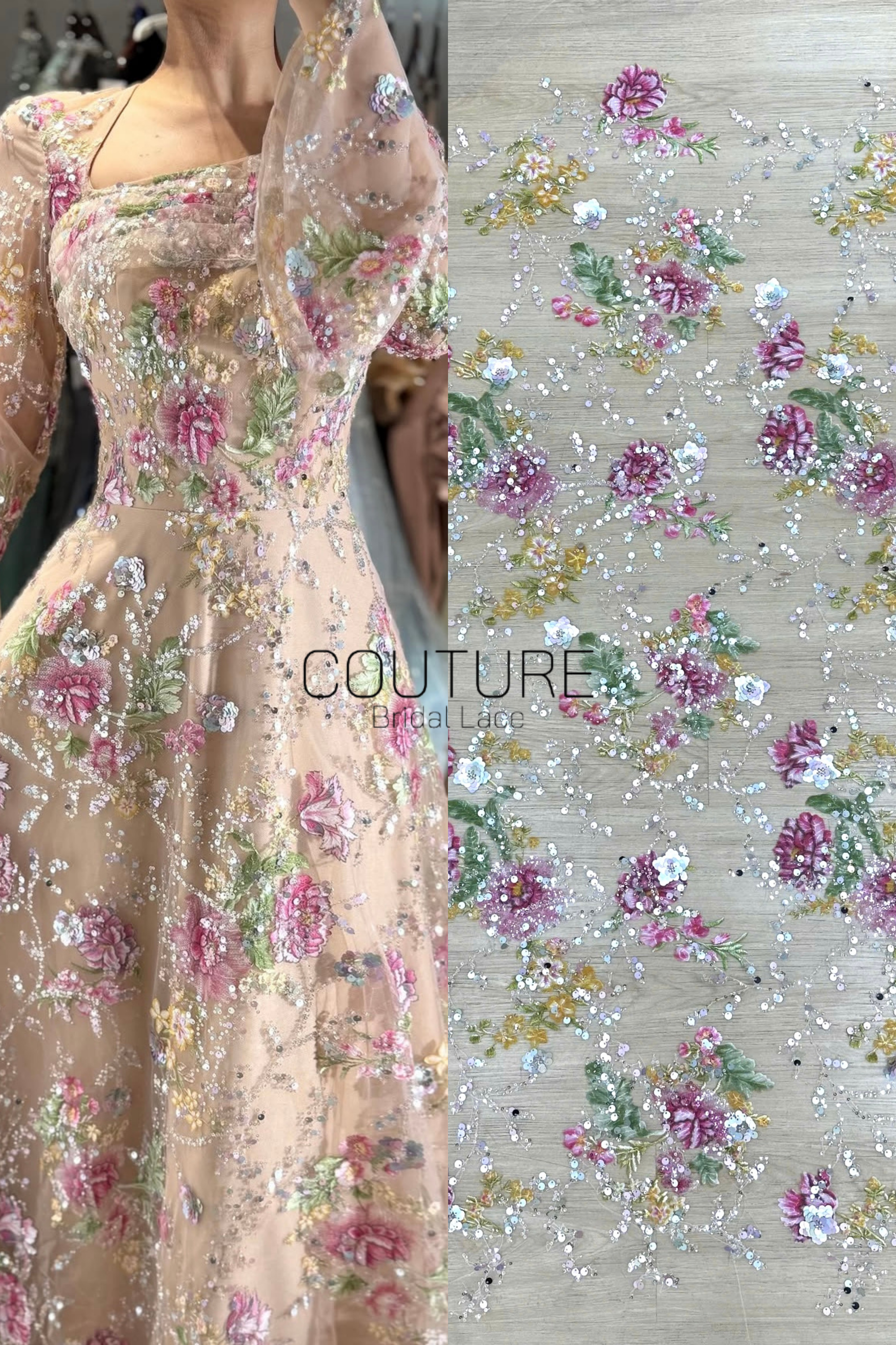 Color Lace: Beaded Pink Floral and Green Leaf, 1 Meter