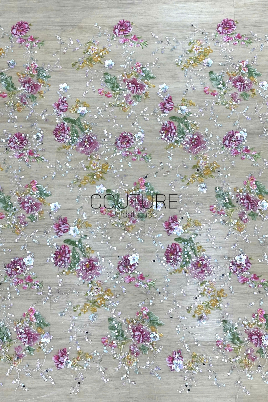 Color Lace: Beaded Pink Floral and Green Leaf, 1 Meter