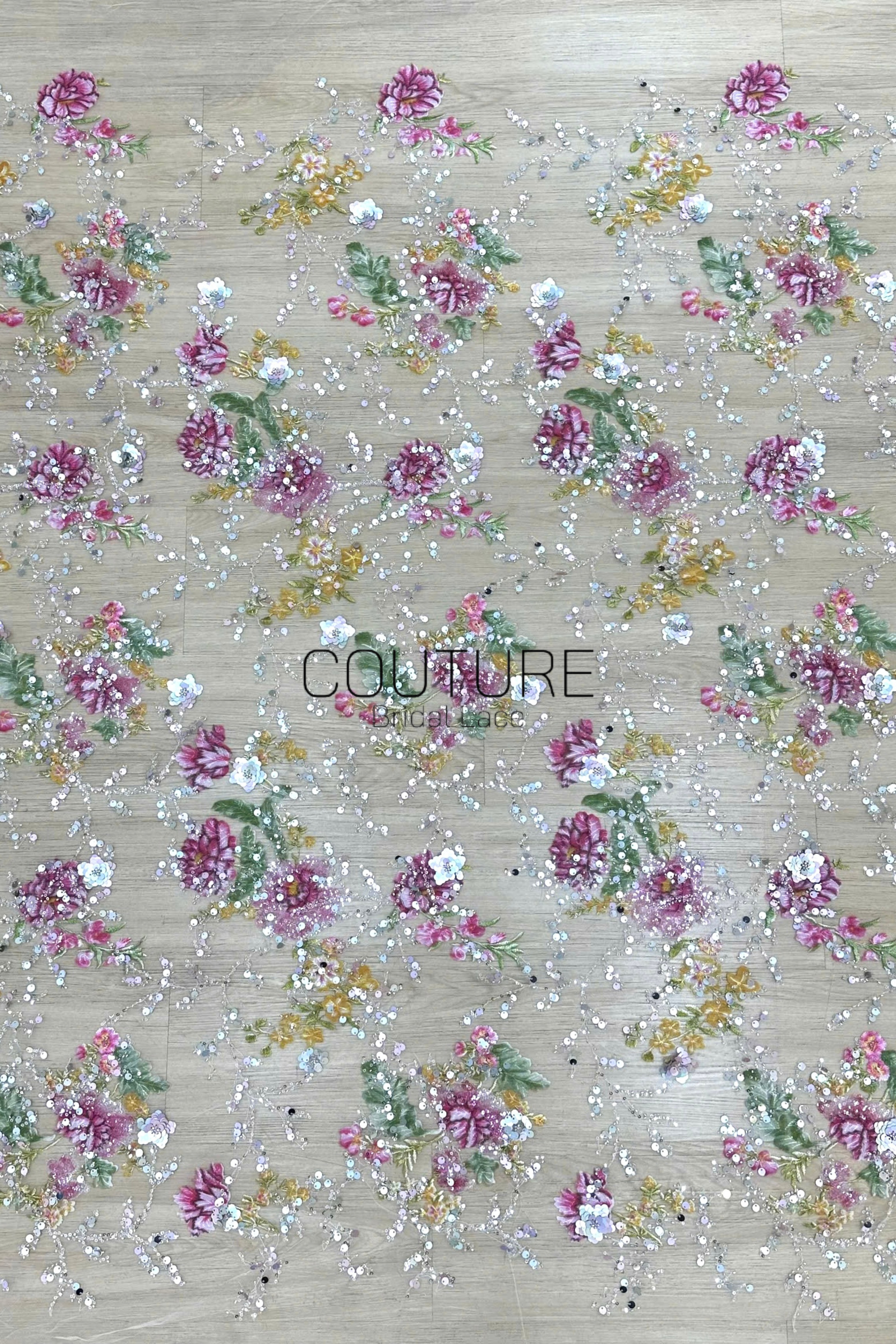 Color Lace: Beaded Pink Floral and Green Leaf, 1 Meter