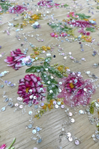 Color Lace: Beaded Pink Floral and Green Leaf, 1 Meter