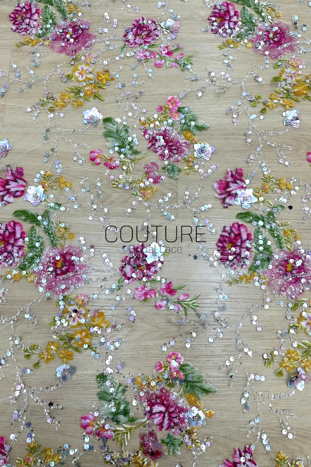 Color Lace: Beaded Pink Floral and Green Leaf, 1 Meter