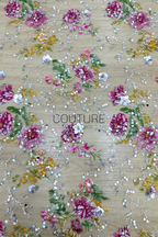 Color Lace: Beaded Pink Floral and Green Leaf, 1 Meter