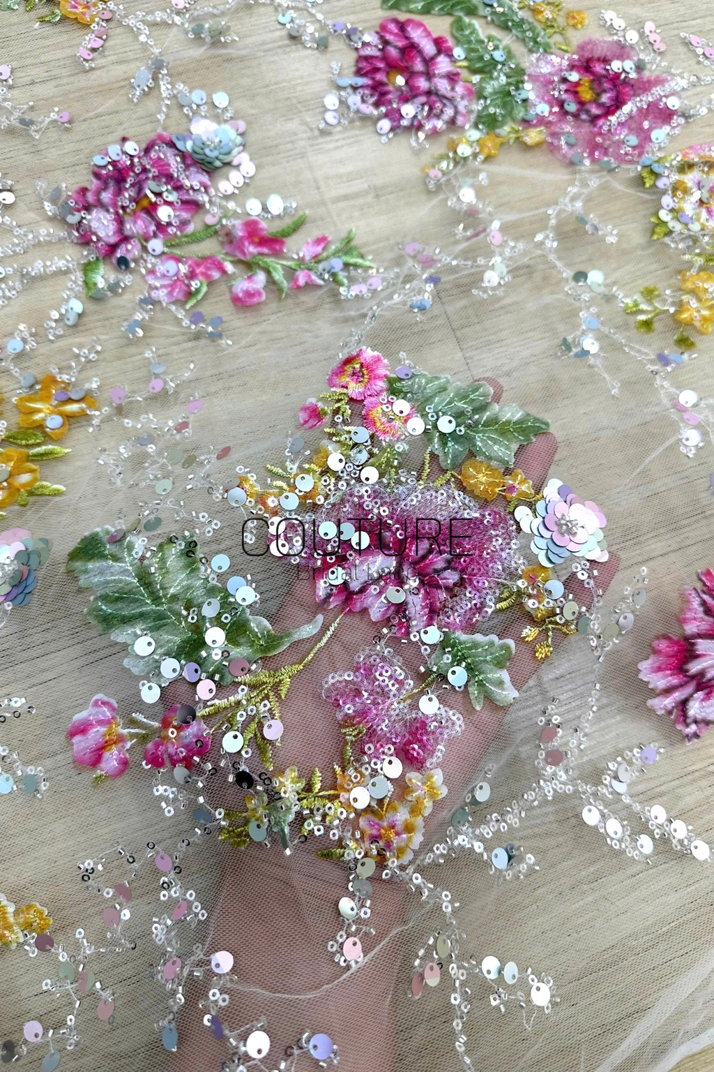 Color Lace: Beaded Pink Floral and Green Leaf, 1 Meter