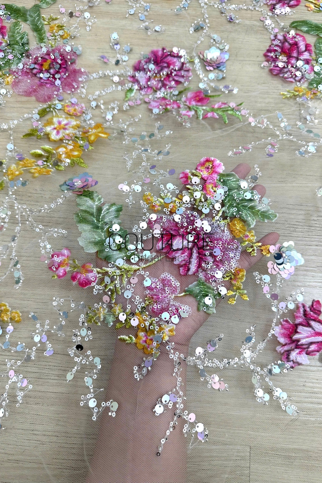 Color Lace: Beaded Pink Floral and Green Leaf, 1 Meter
