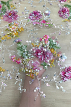 Color Lace: Beaded Pink Floral and Green Leaf, 1 Meter