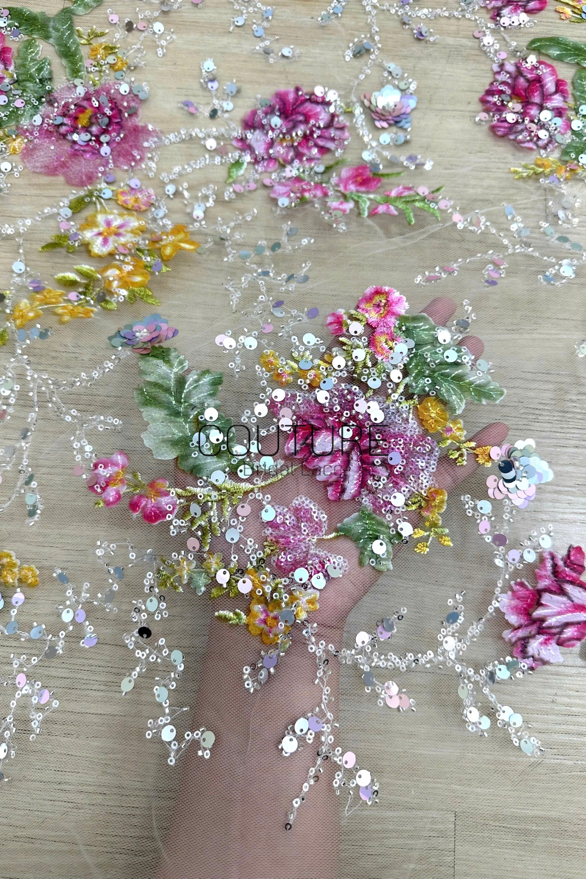 Color Lace: Beaded Pink Floral and Green Leaf, 1 Meter