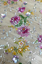 Color Lace: Beaded Pink Floral and Green Leaf, 1 Meter