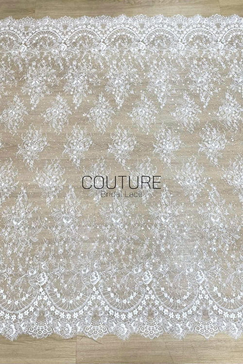 Beaded Chantilly Lace: Ivory Floral Vine Botanical with Ornate Scalloped Lace Trim Edge, 3 Meters
