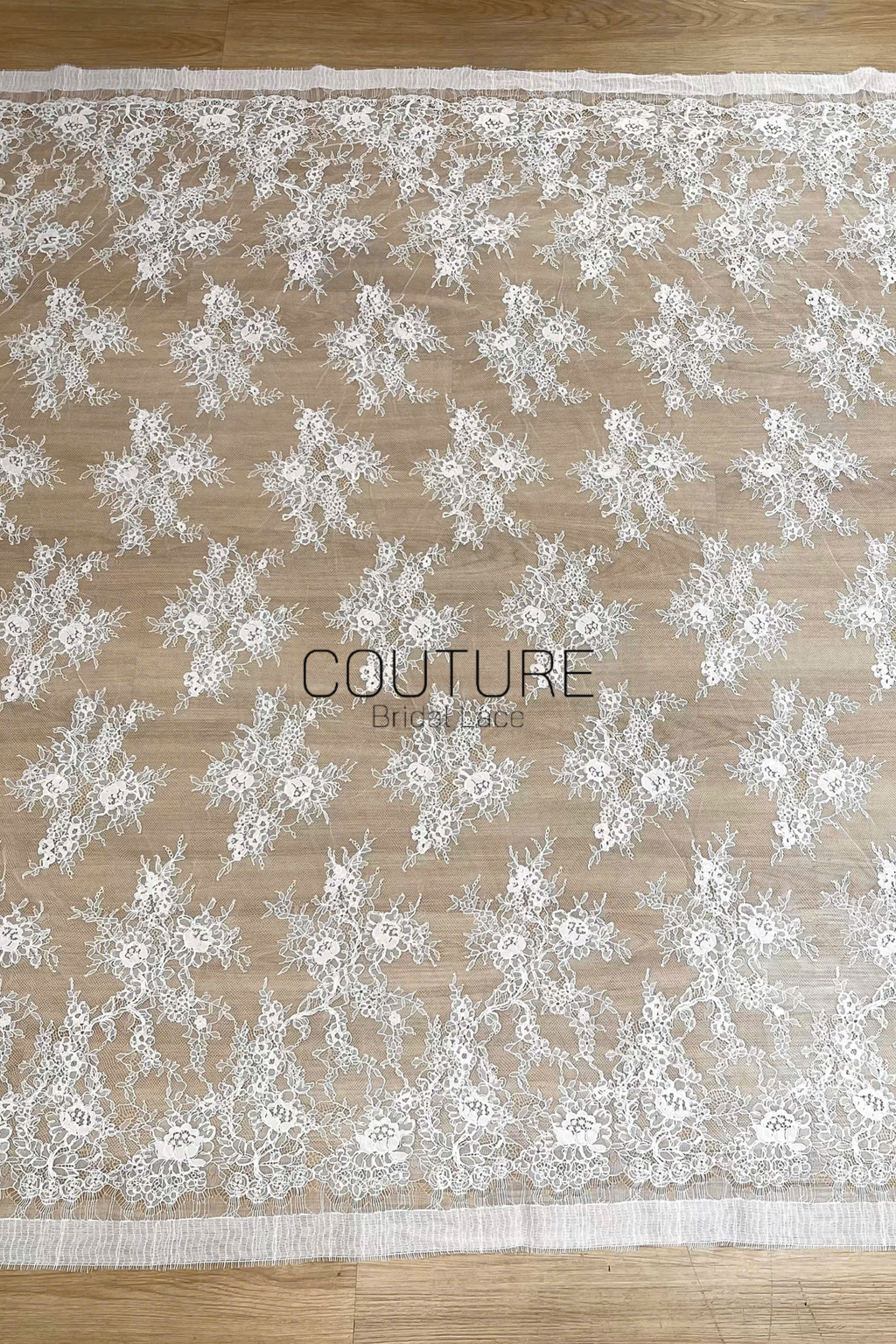 Corded Chantilly French Lace: White Scattered Branching Floral Sprays with Rose Medallion Scalloped Border, 3 Meters