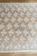 Corded Chantilly French Lace: White Scattered Branching Floral Sprays with Rose Medallion Scalloped Border, 3 Meters
