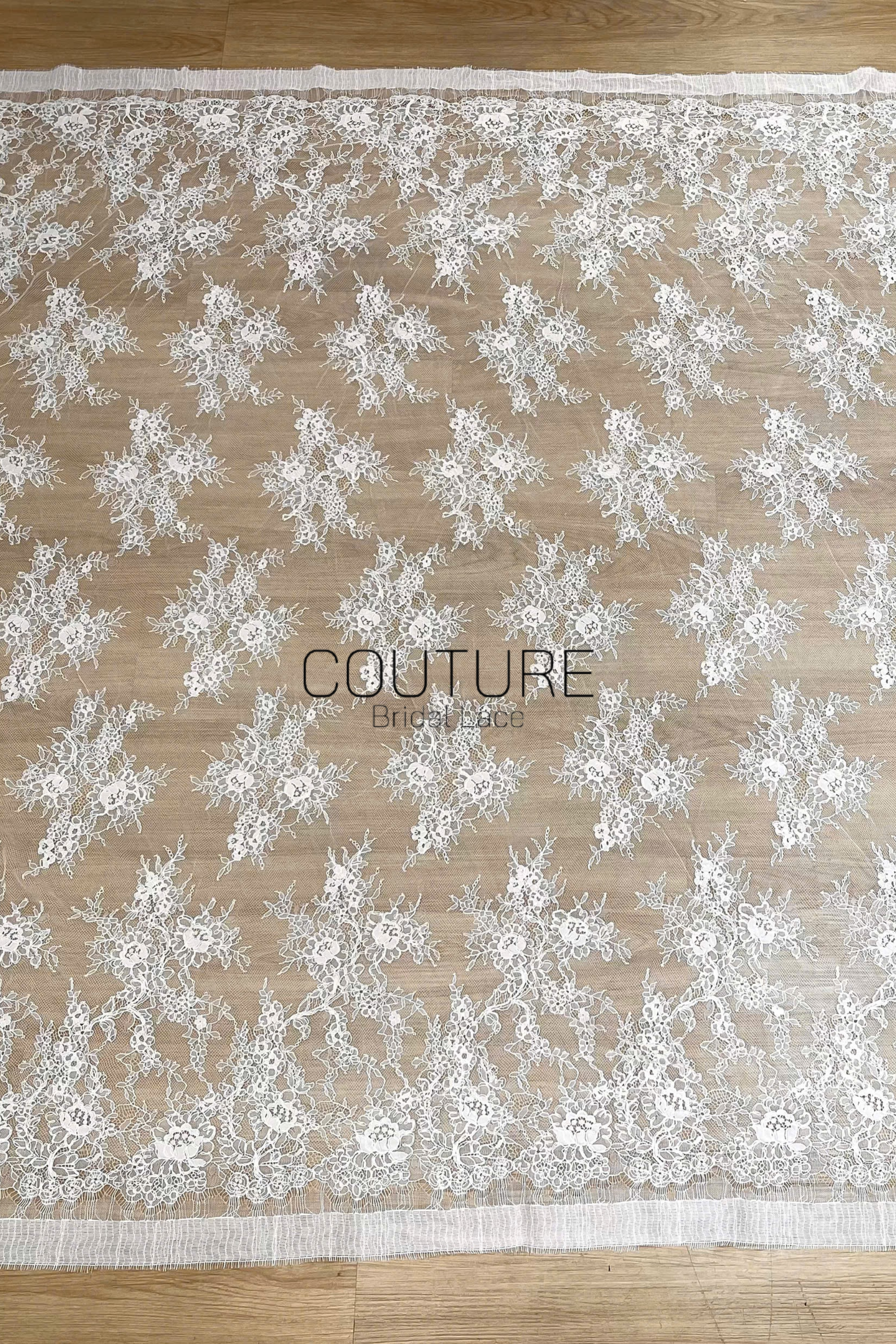 Corded Chantilly French Lace: White Scattered Branching Floral Sprays with Rose Medallion Scalloped Border, 3 Meters