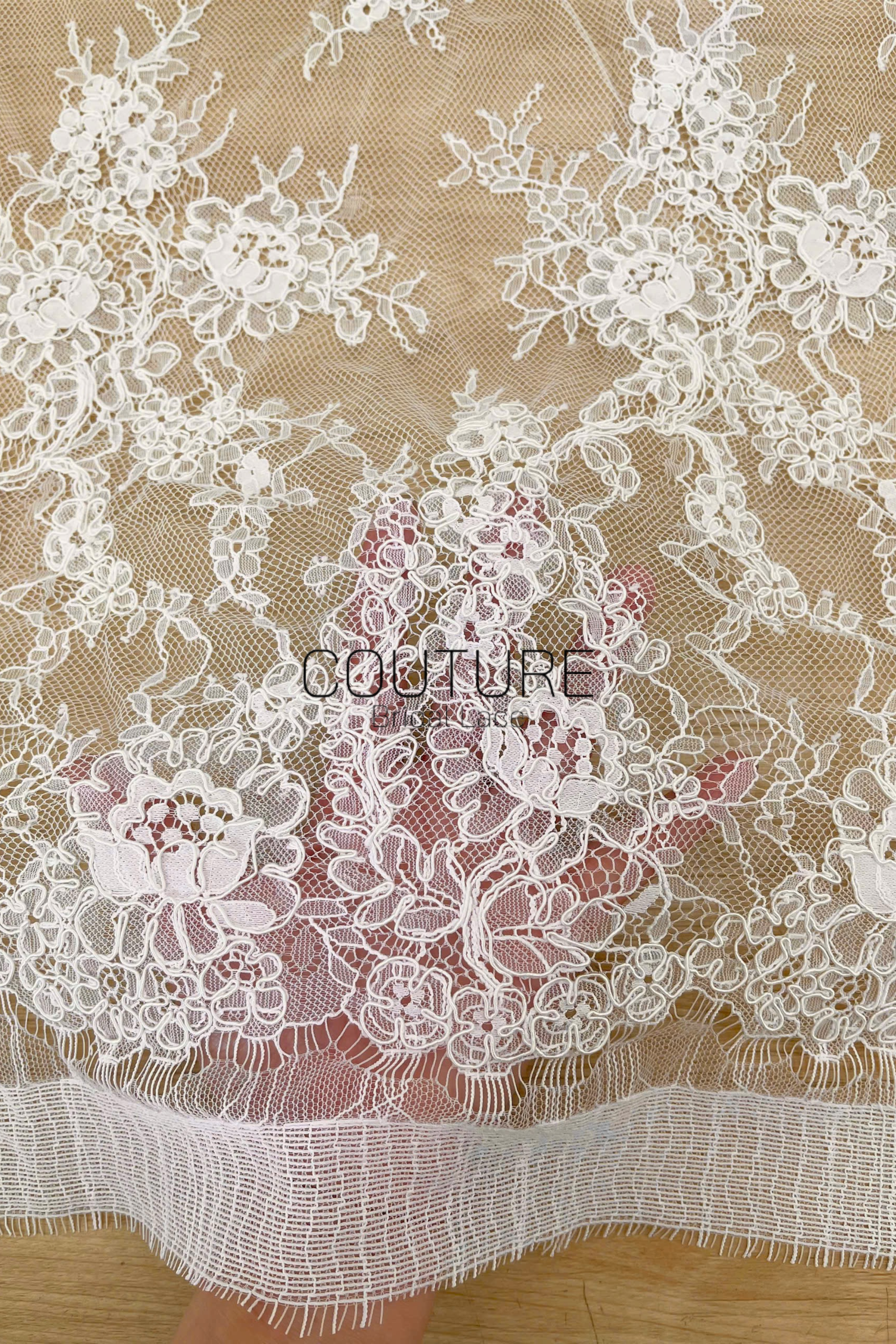 Corded Chantilly French Lace: White Scattered Branching Floral Sprays with Rose Medallion Scalloped Border, 3 Meters