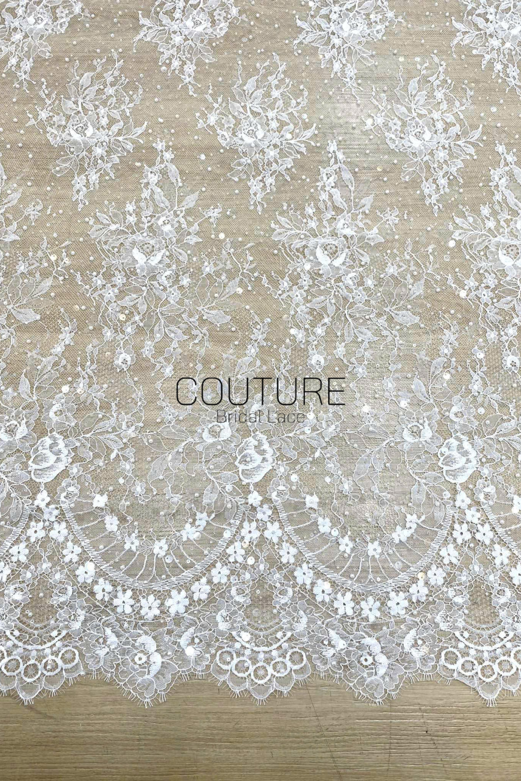 Beaded Chantilly Lace: Ivory Floral Vine Botanical with Ornate Scalloped Lace Trim Edge, 3 Meters