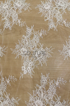 Corded Chantilly French Lace: White Scattered Branching Floral Sprays with Rose Medallion Scalloped Border, 3 Meters