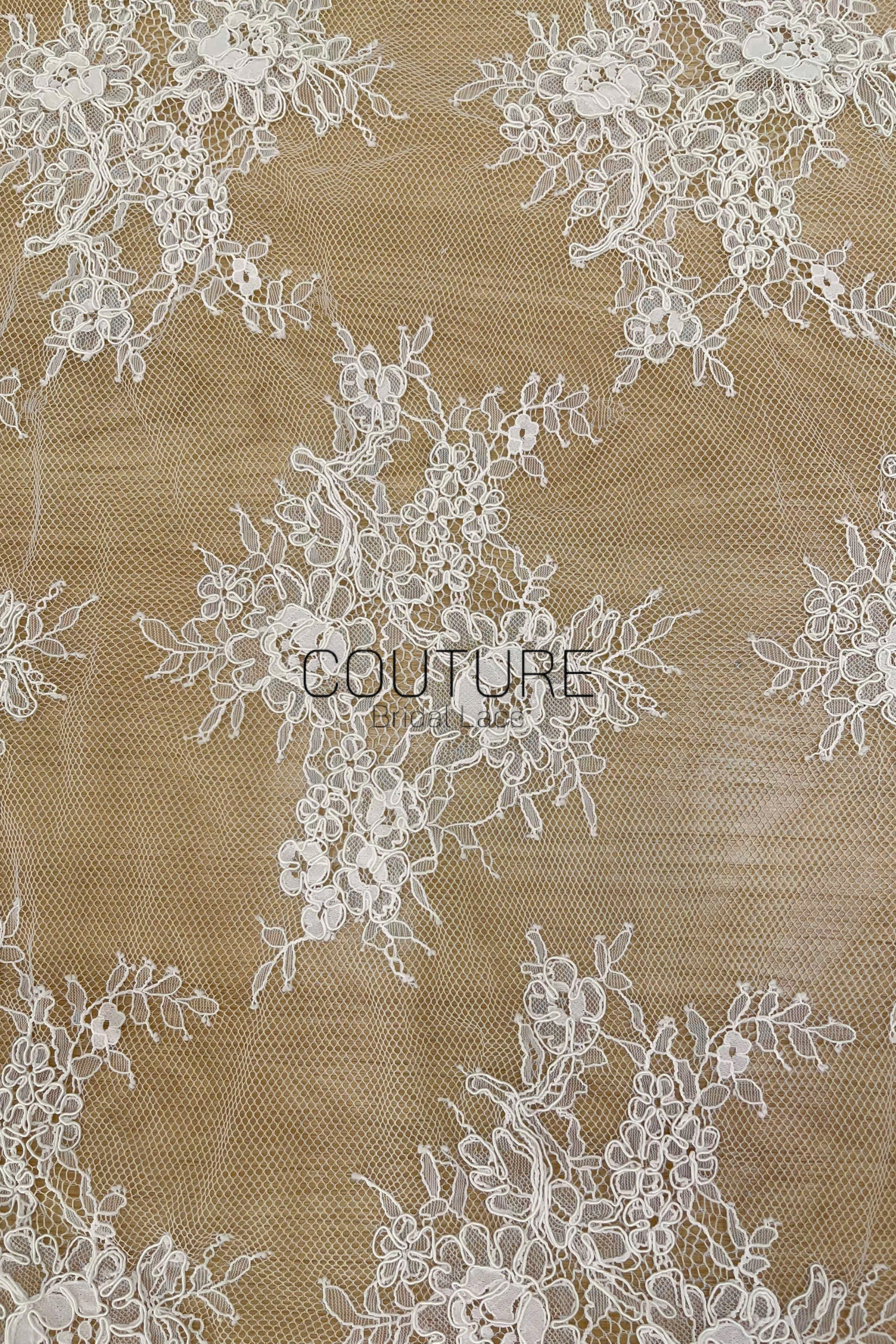 Corded Chantilly French Lace: White Scattered Branching Floral Sprays with Rose Medallion Scalloped Border, 3 Meters