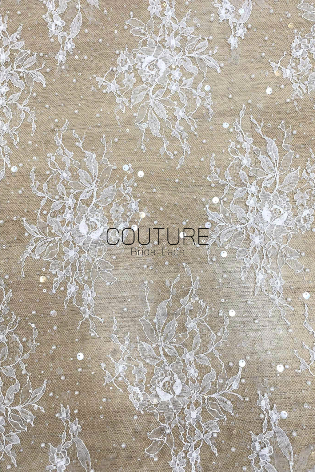 Beaded Chantilly Lace: Ivory Floral Vine Botanical with Ornate Scalloped Lace Trim Edge, 3 Meters