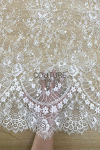 Beaded Chantilly Lace: Ivory Floral Vine Botanical with Ornate Scalloped Lace Trim Edge, 3 Meters