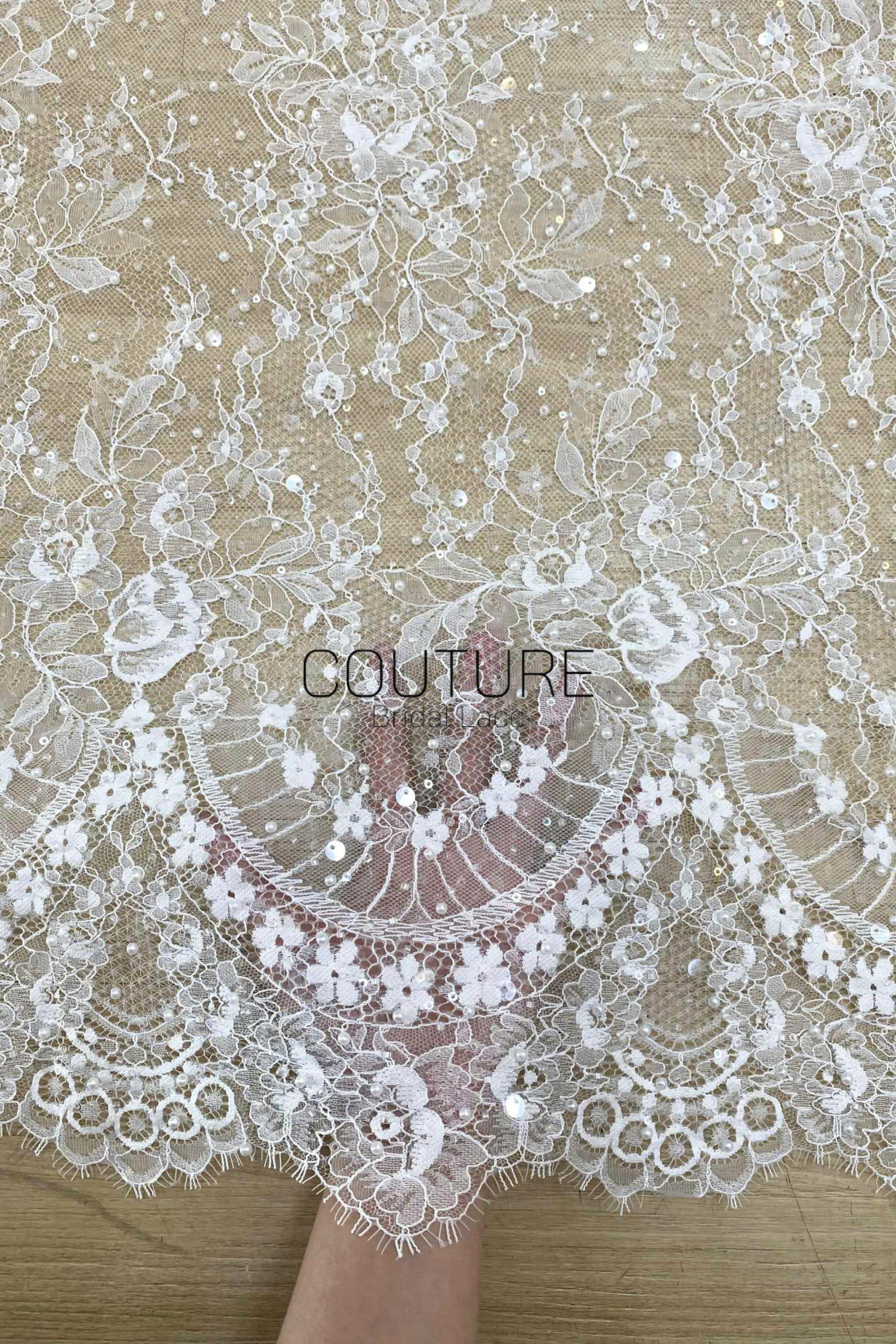 Beaded Chantilly Lace: Ivory Floral Vine Botanical with Ornate Scalloped Lace Trim Edge, 3 Meters