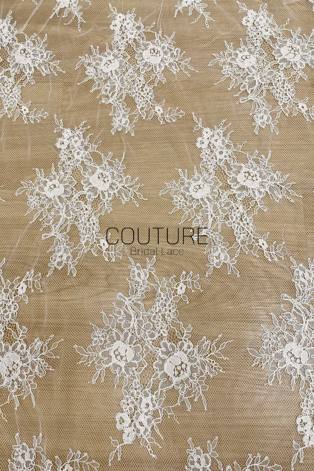 Corded Chantilly French Lace: White Scattered Branching Floral Sprays with Rose Medallion Scalloped Border, 3 Meters