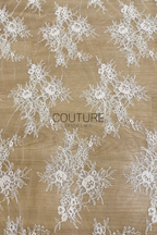 Corded Chantilly French Lace: White Scattered Branching Floral Sprays with Rose Medallion Scalloped Border, 3 Meters