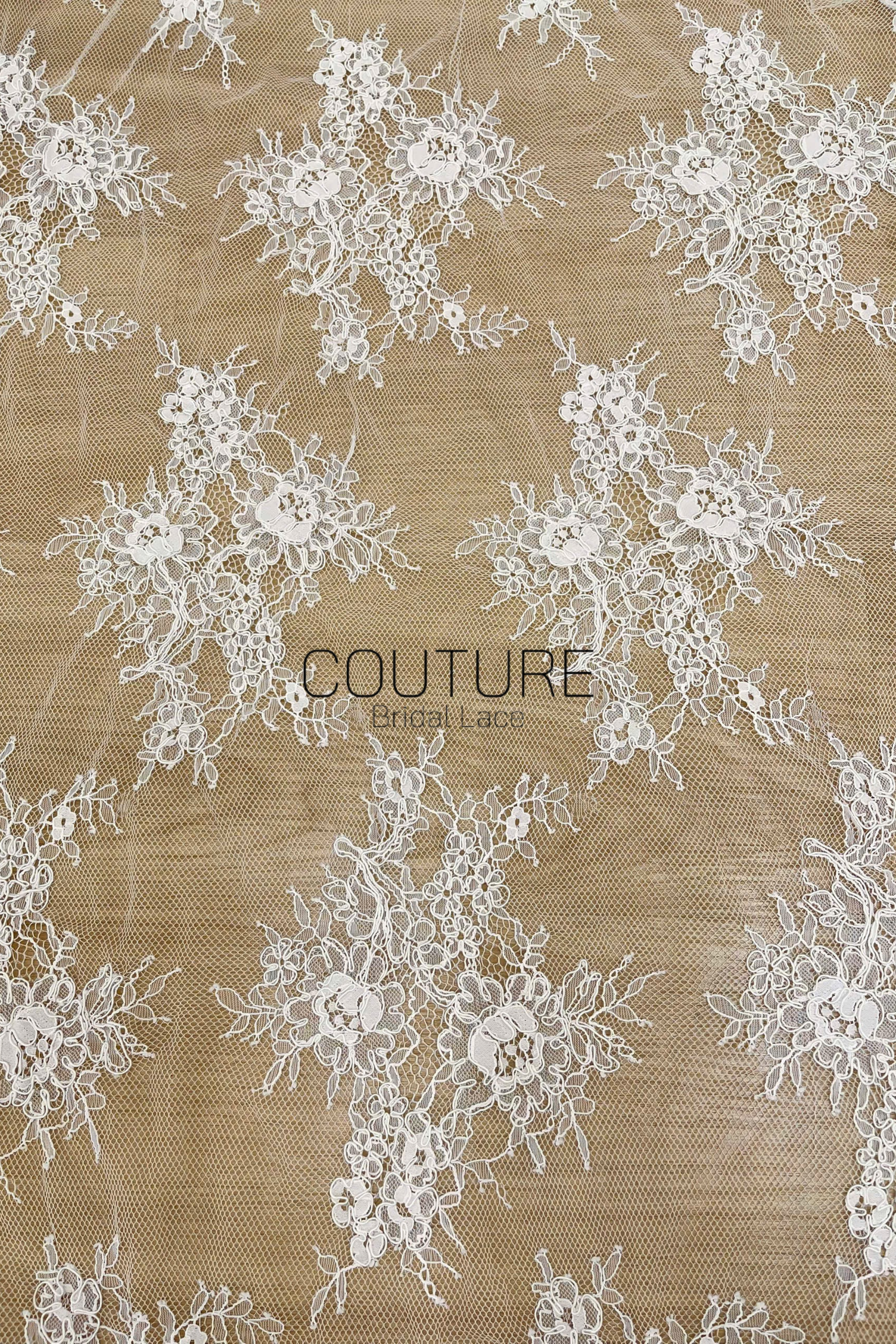 Corded Chantilly French Lace: White Scattered Branching Floral Sprays with Rose Medallion Scalloped Border, 3 Meters