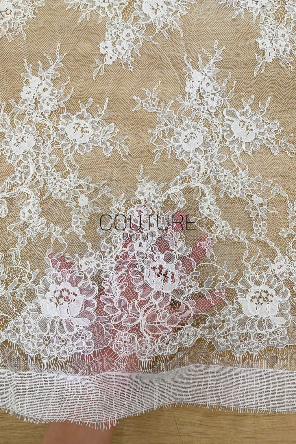 Corded Chantilly French Lace: White Scattered Branching Floral Sprays with Rose Medallion Scalloped Border, 3 Meters