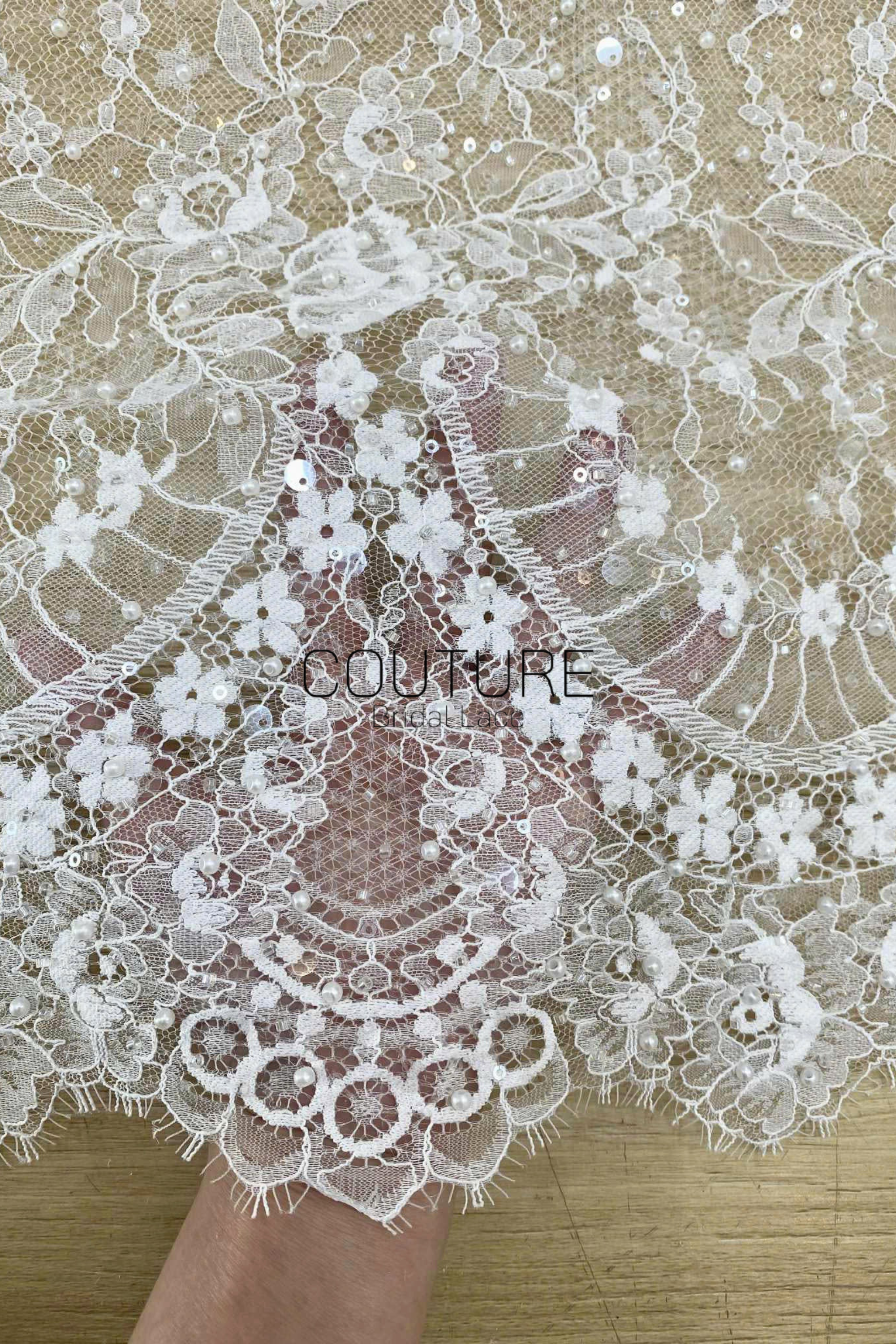 Beaded Chantilly Lace: Ivory Floral Vine Botanical with Ornate Scalloped Lace Trim Edge, 3 Meters