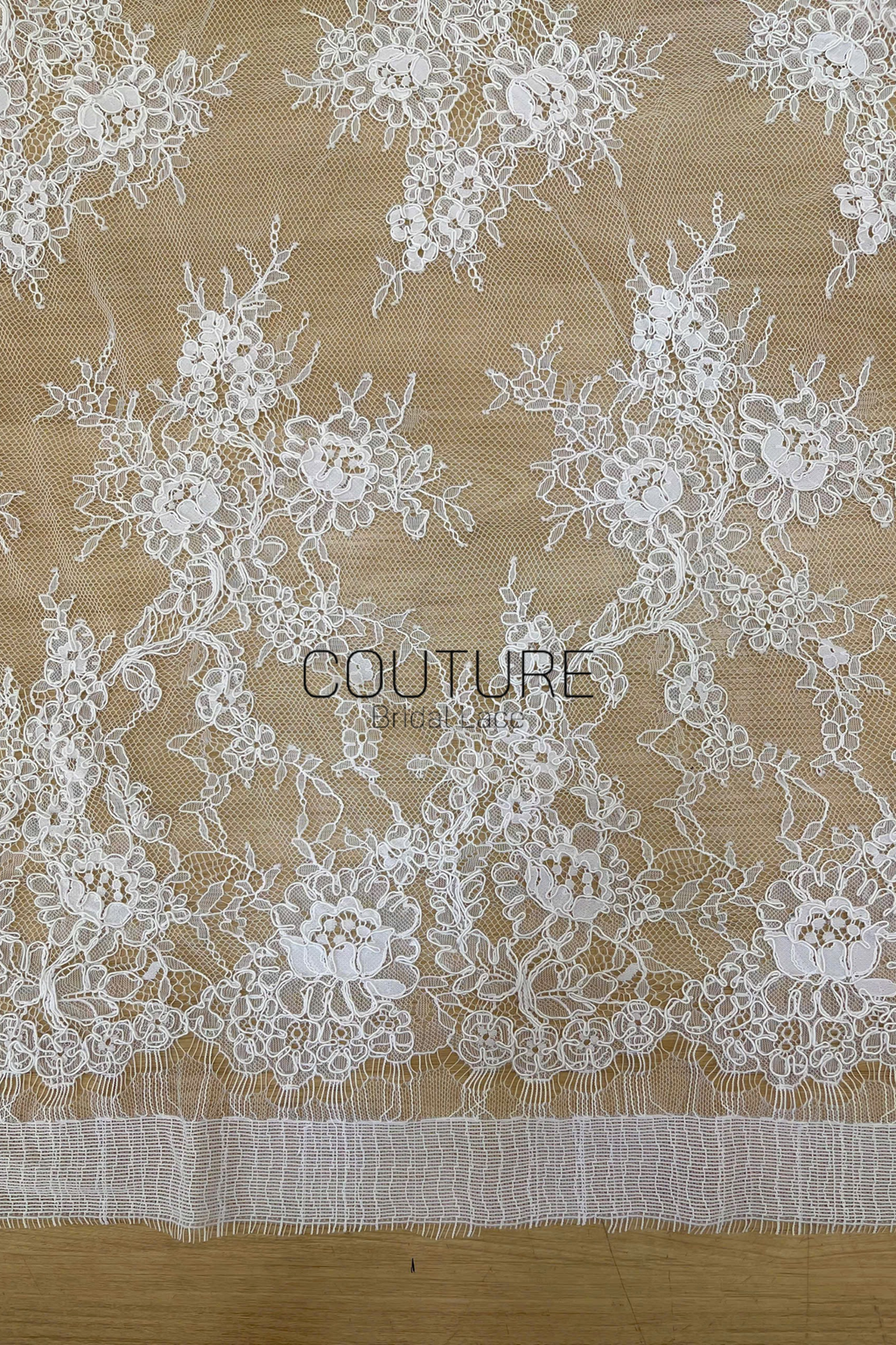 Corded Chantilly French Lace: White Scattered Branching Floral Sprays with Rose Medallion Scalloped Border, 3 Meters
