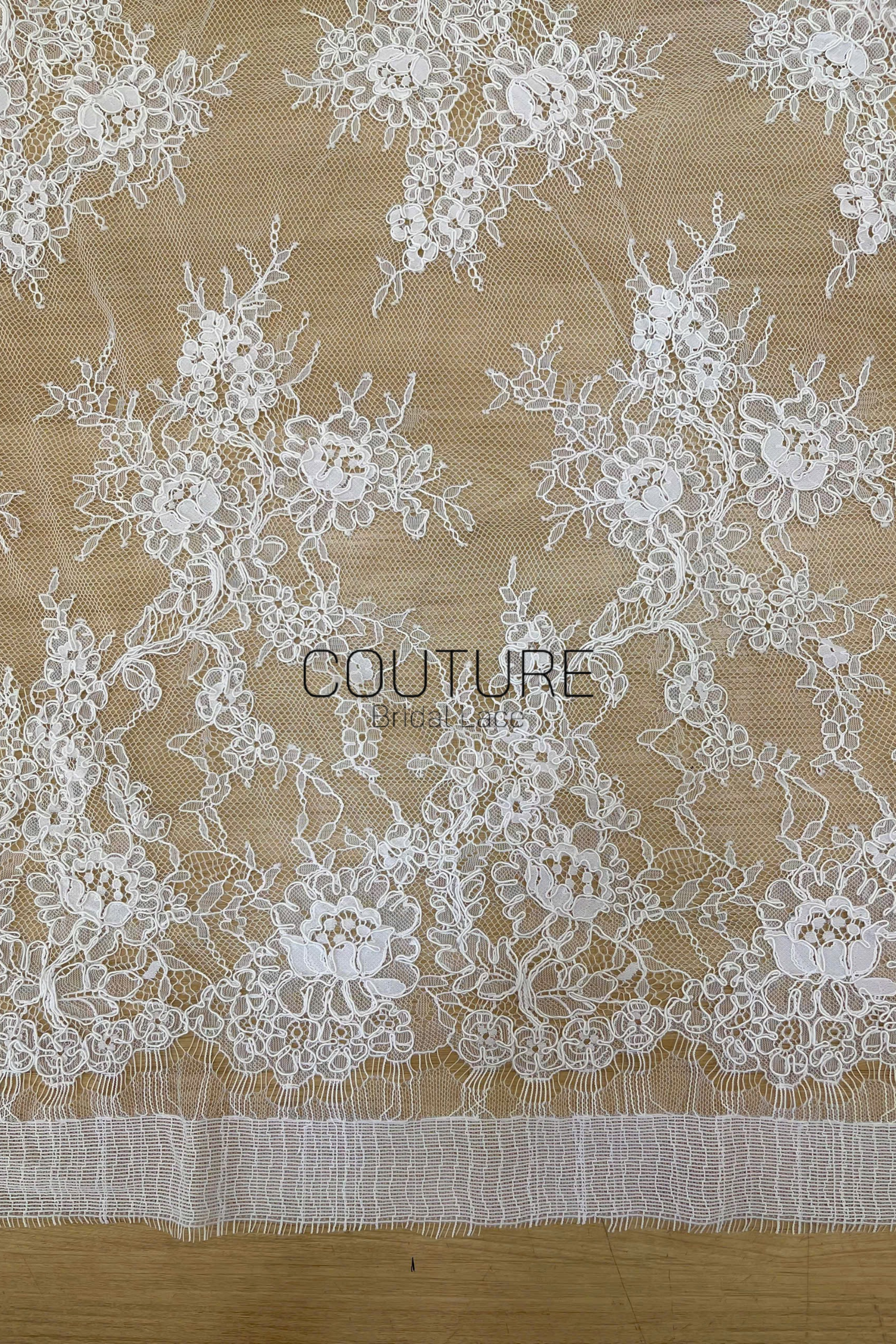 Corded Chantilly French Lace: White Scattered Branching Floral Sprays with Rose Medallion Scalloped Border, 3 Meters