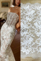 Beaded Chantilly French Lace: Light Ivory Couture Fabric, 3 Meters