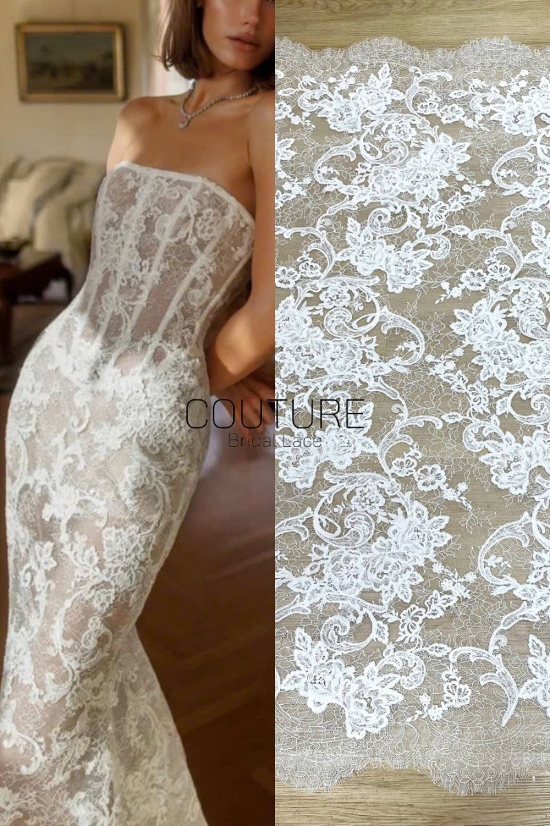 Beaded Chantilly French Lace: Light Ivory Couture Fabric, 3 Meters