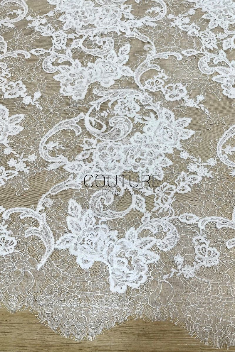 Beaded Chantilly French Lace: Light Ivory Couture Fabric, 3 Meters