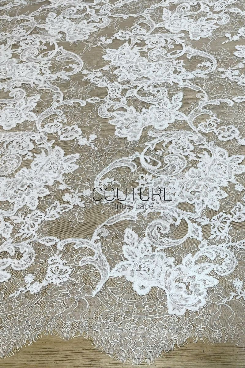 Beaded Chantilly French Lace: Light Ivory Couture Fabric, 3 Meters