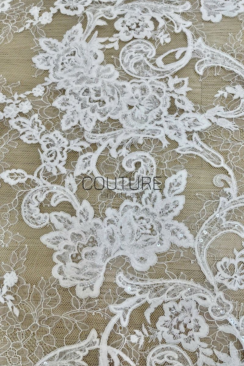 Beaded Chantilly French Lace: Light Ivory Couture Fabric, 3 Meters