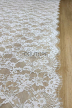 Corded Chantilly French Lace: White Allover Floral Trellis with Scalloped Border, 3 Meters