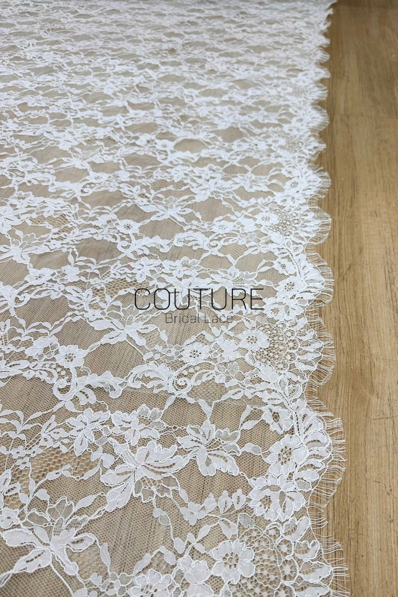 Corded Chantilly French Lace: White Allover Floral Trellis with Scalloped Border, 3 Meters