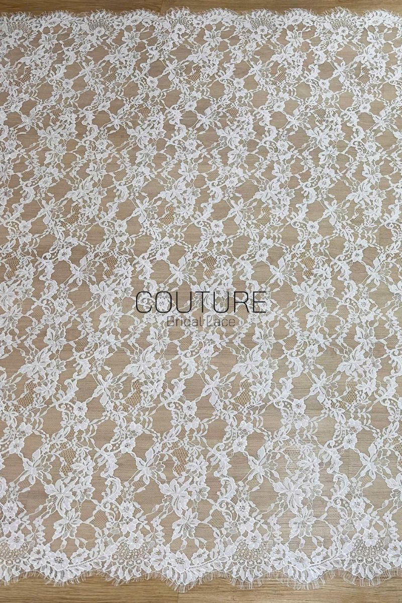 Corded Chantilly French Lace: White Allover Floral Trellis with Scalloped Border, 3 Meters