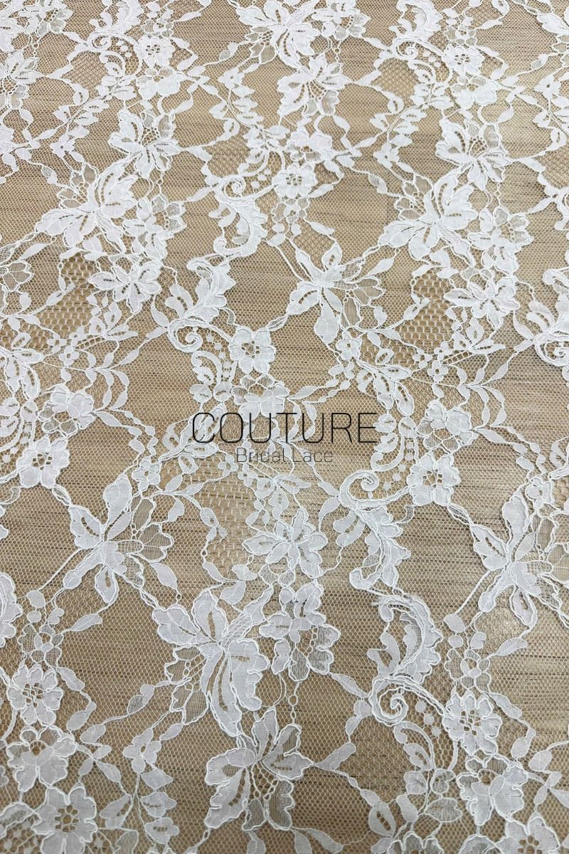 Corded Chantilly French Lace: White Allover Floral Trellis with Scalloped Border, 3 Meters