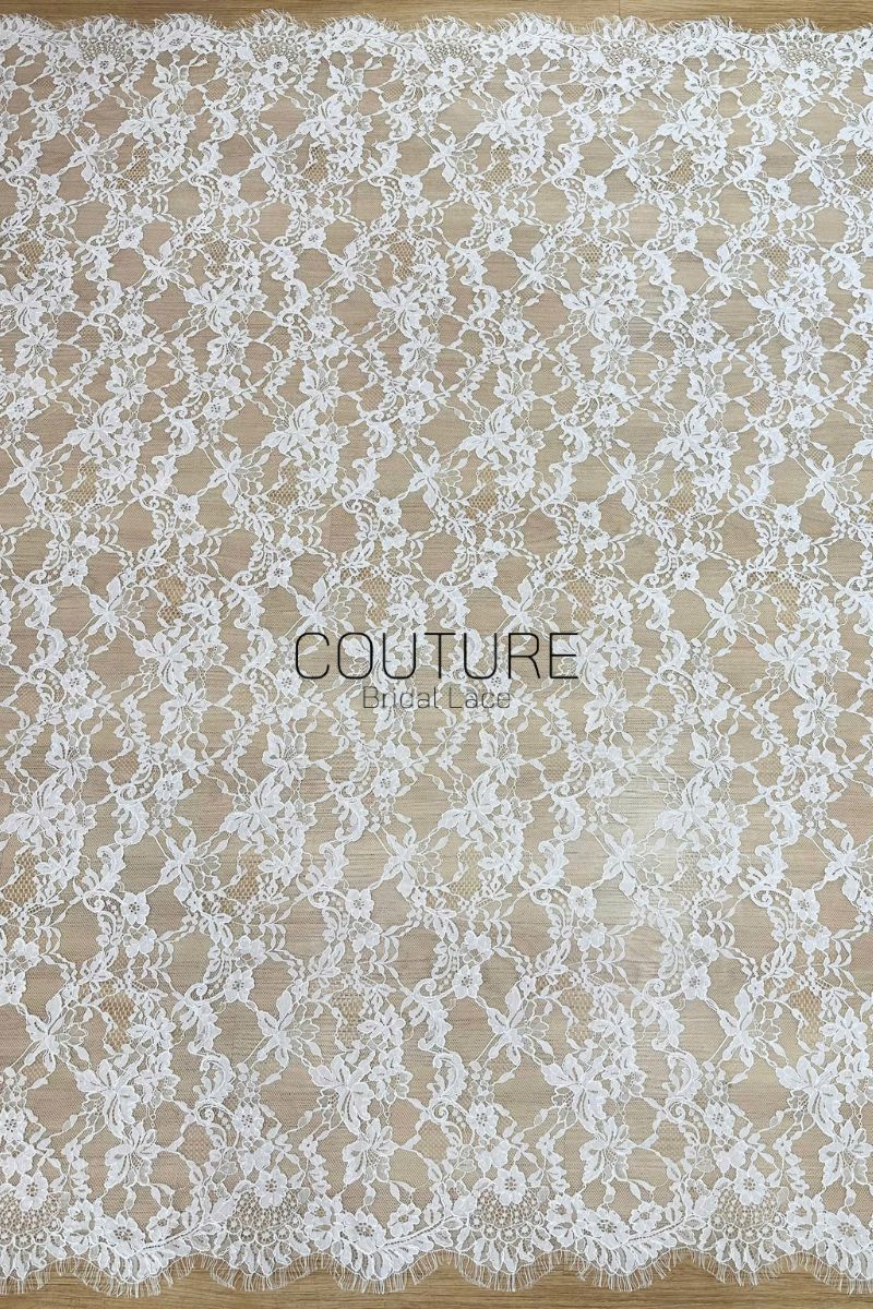 Corded Chantilly French Lace: White Allover Floral Trellis with Scalloped Border, 3 Meters