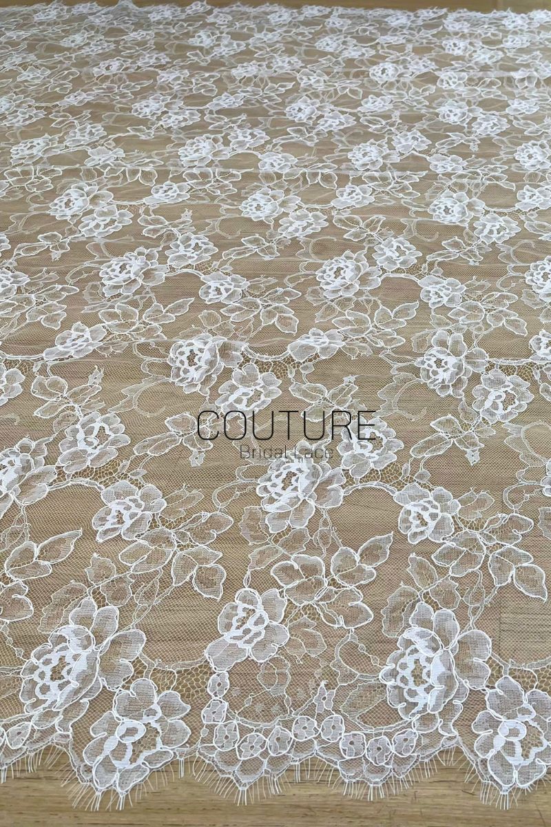 Corded Chantilly French Lace: White Allover Rose Bloom with Eyelash Scalloped Border, 3 Meters