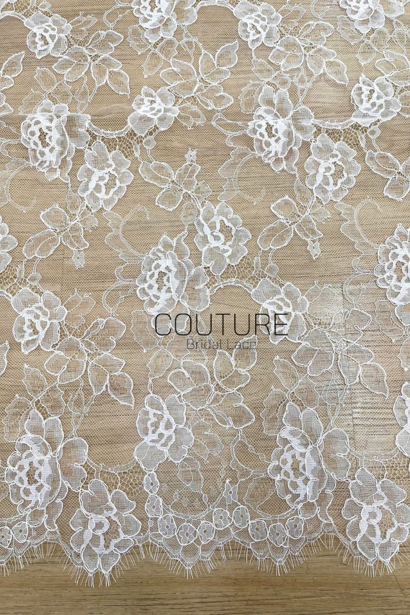 Corded Chantilly French Lace: White Allover Rose Bloom with Eyelash Scalloped Border, 3 Meters