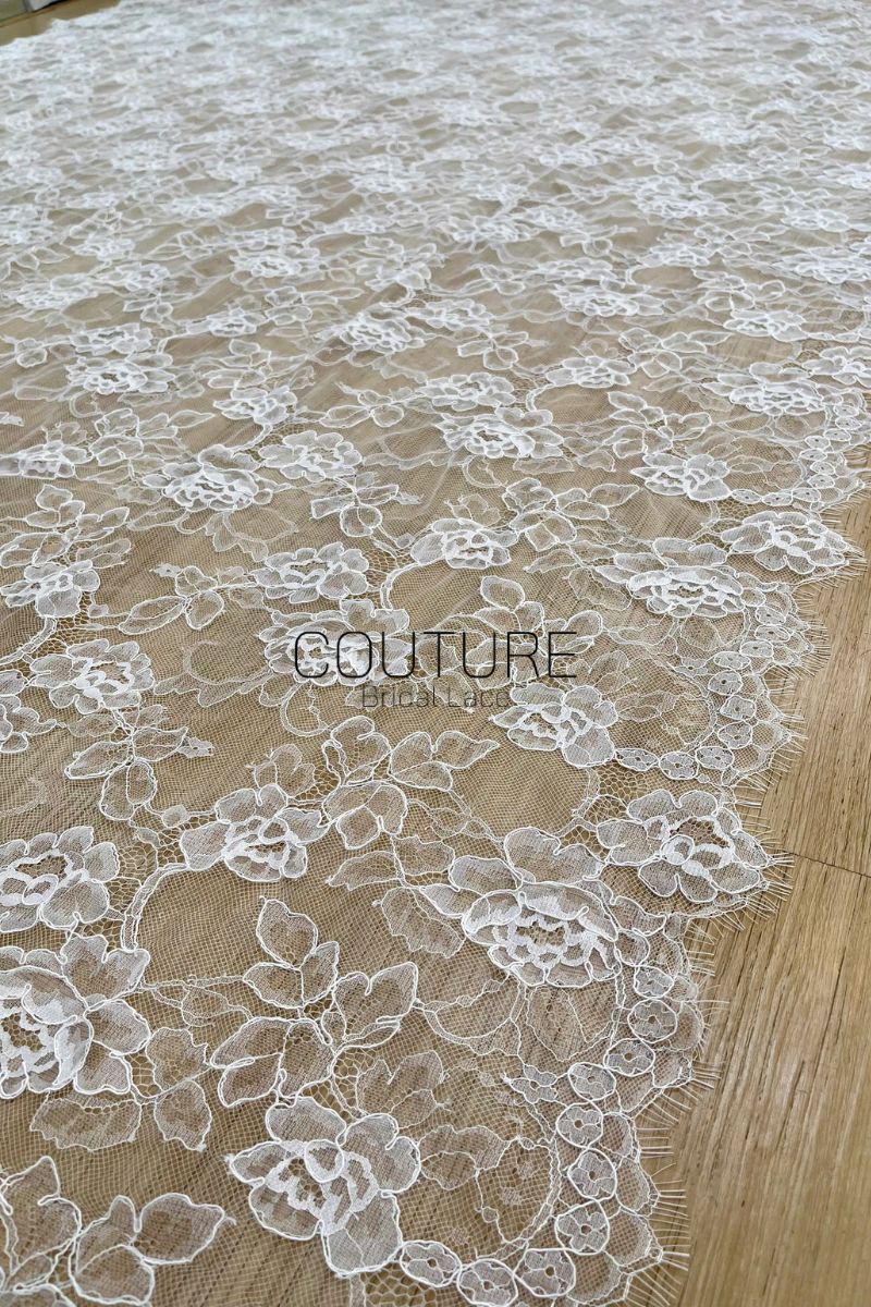 Corded Chantilly French Lace: White Allover Rose Bloom with Eyelash Scalloped Border, 3 Meters