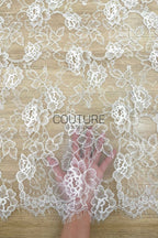 Corded Chantilly French Lace: White Allover Rose Bloom with Eyelash Scalloped Border, 3 Meters