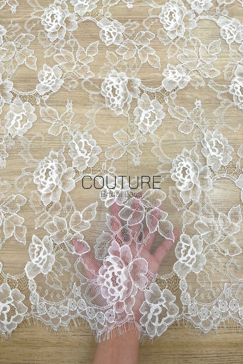 Corded Chantilly French Lace: White Allover Rose Bloom with Eyelash Scalloped Border, 3 Meters
