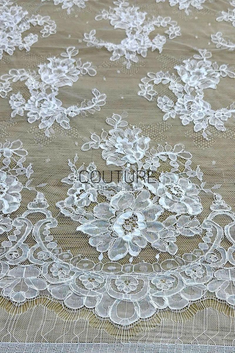 Corded Chantilly French Lace: White Scattered Floral Spray Couture Fabric, 3 Meters
