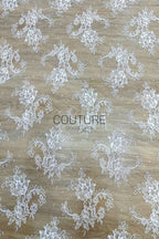 Corded Chantilly French Lace: White Scattered Floral Spray Couture Fabric, 3 Meters