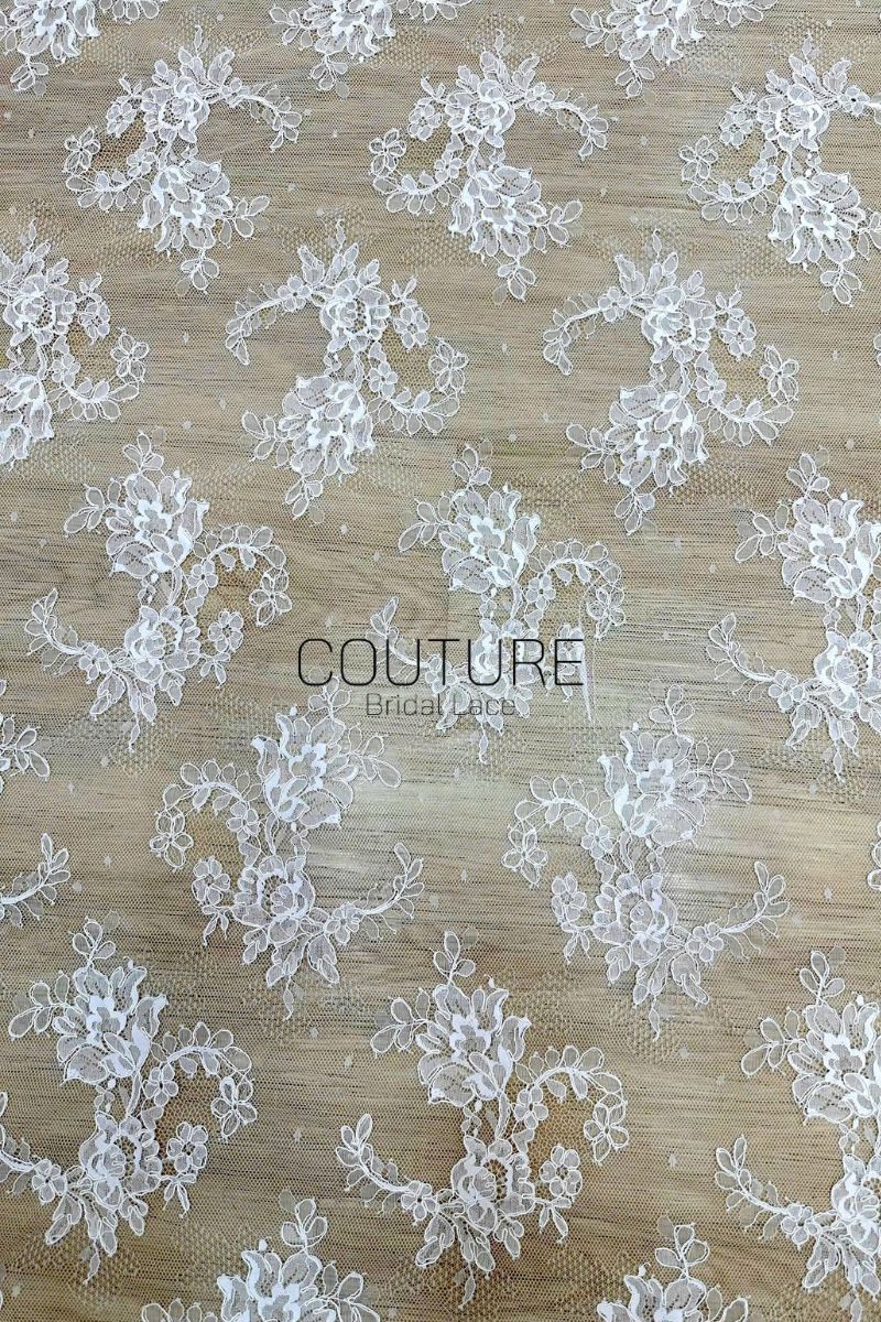 Corded Chantilly French Lace: White Scattered Floral Spray Couture Fabric, 3 Meters
