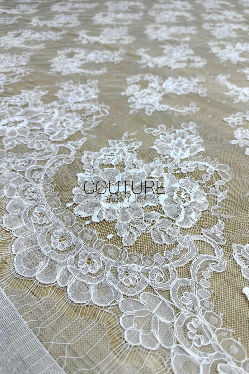 Corded Chantilly French Lace: White Scattered Floral Spray Couture Fabric, 3 Meters