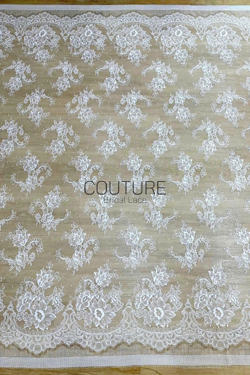 Corded Chantilly French Lace: White Scattered Floral Spray Couture Fabric, 3 Meters